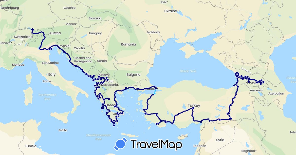 TravelMap itinerary: driving, boat in Albania, Germany, Georgia, Greece, Croatia, Italy, Montenegro, Macedonia, Turkey, Kosovo (Asia, Europe)